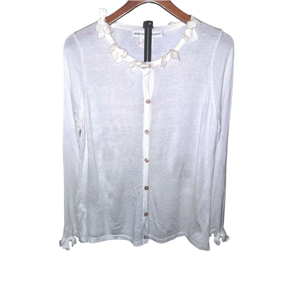Gretchen Scott Breakfast At Tiffany's Cardigan‎ Womens Medium White Bow Trimmed